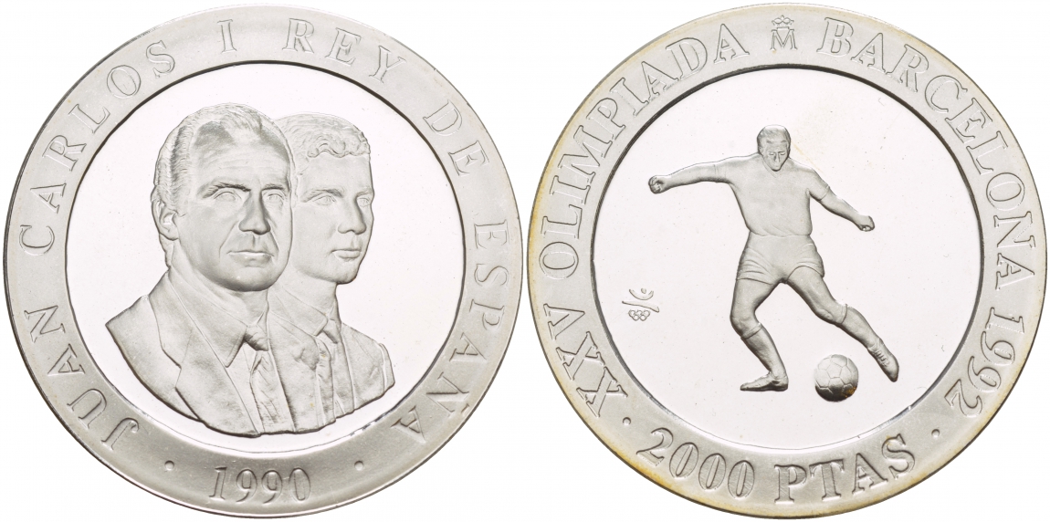 Испания 2000 песет 1990 XXV летние Олимпийские игры 1992 года в Барселоне, футбол KM 862 серебро PROOF 1088-8-32
