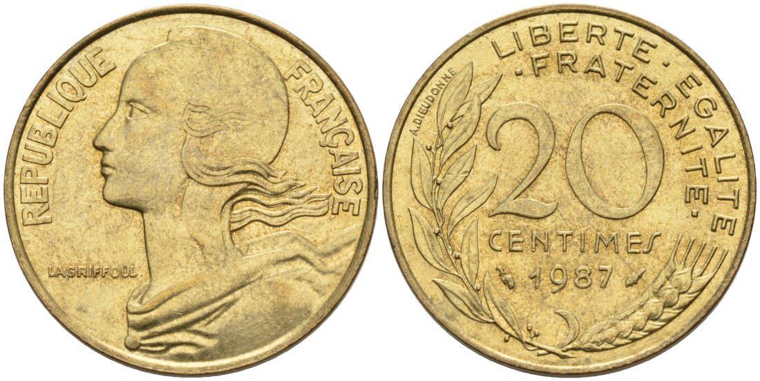 ФРАНЦИЯ 20 САНТИМОВ 1987 ТИП MARIANNE KM 930, LE FRANC 156.27 медь алюминий никель 4573-1053