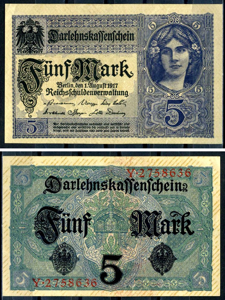 Германия 5 марок 1917 7 значный номер Pick 56 b бумага 8595-42-3-1