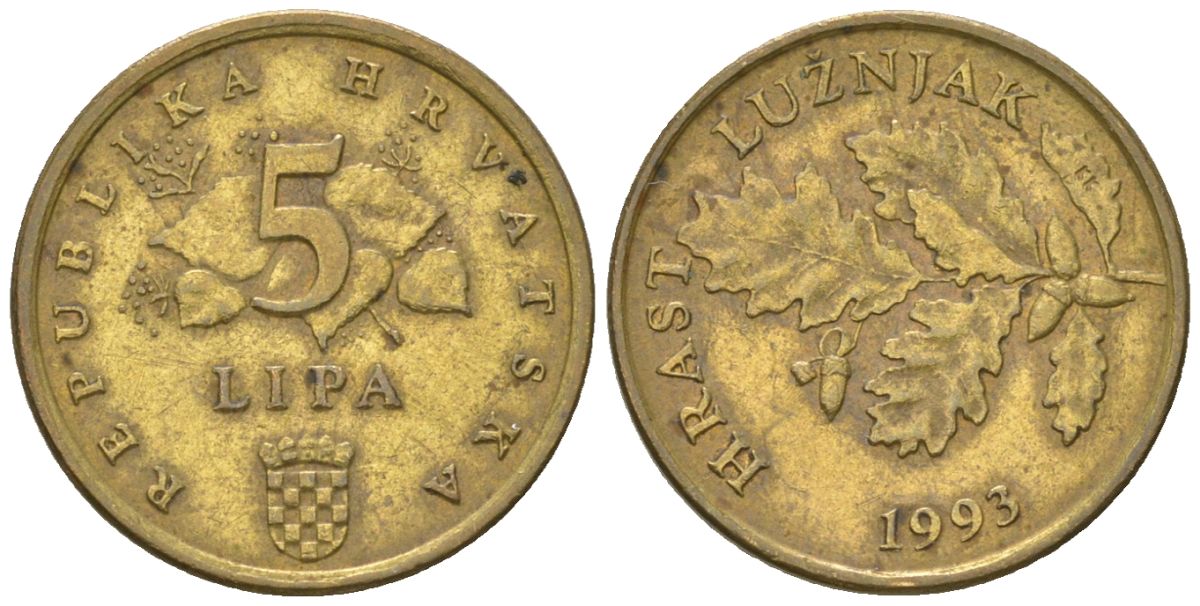 Хорватия 5 лип 1993 нечетный год KM 5 сталь плакированная латунью    4124-645