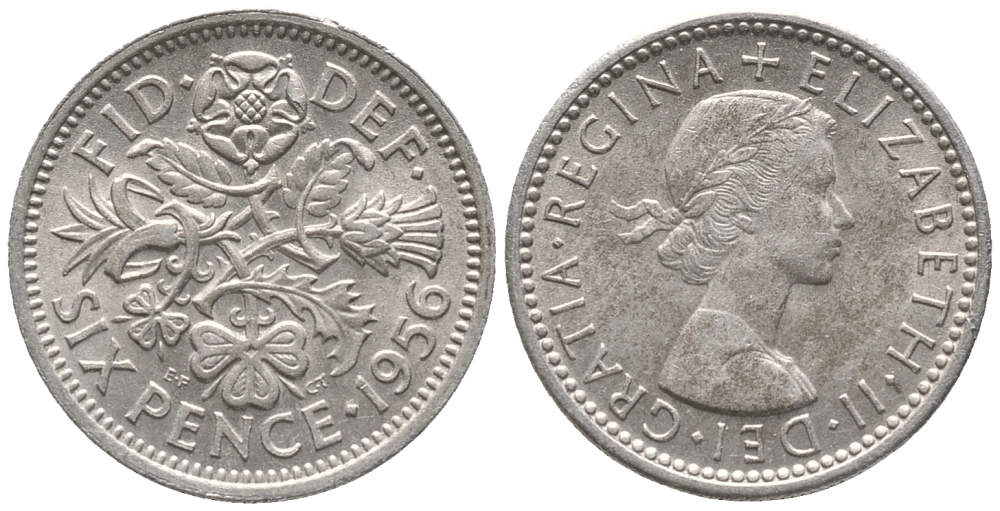 Великобритания 6 пенсов 1956 Елизавета II (1952-2022) KM 903, Spink 4149 медно-никель 100-1069