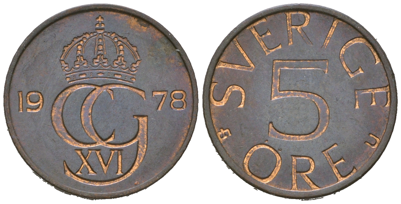 Швеция 5 эре 1978 Карл XVI Густав (1973- ) KM 849 медь-олово-цинк 4668-1223