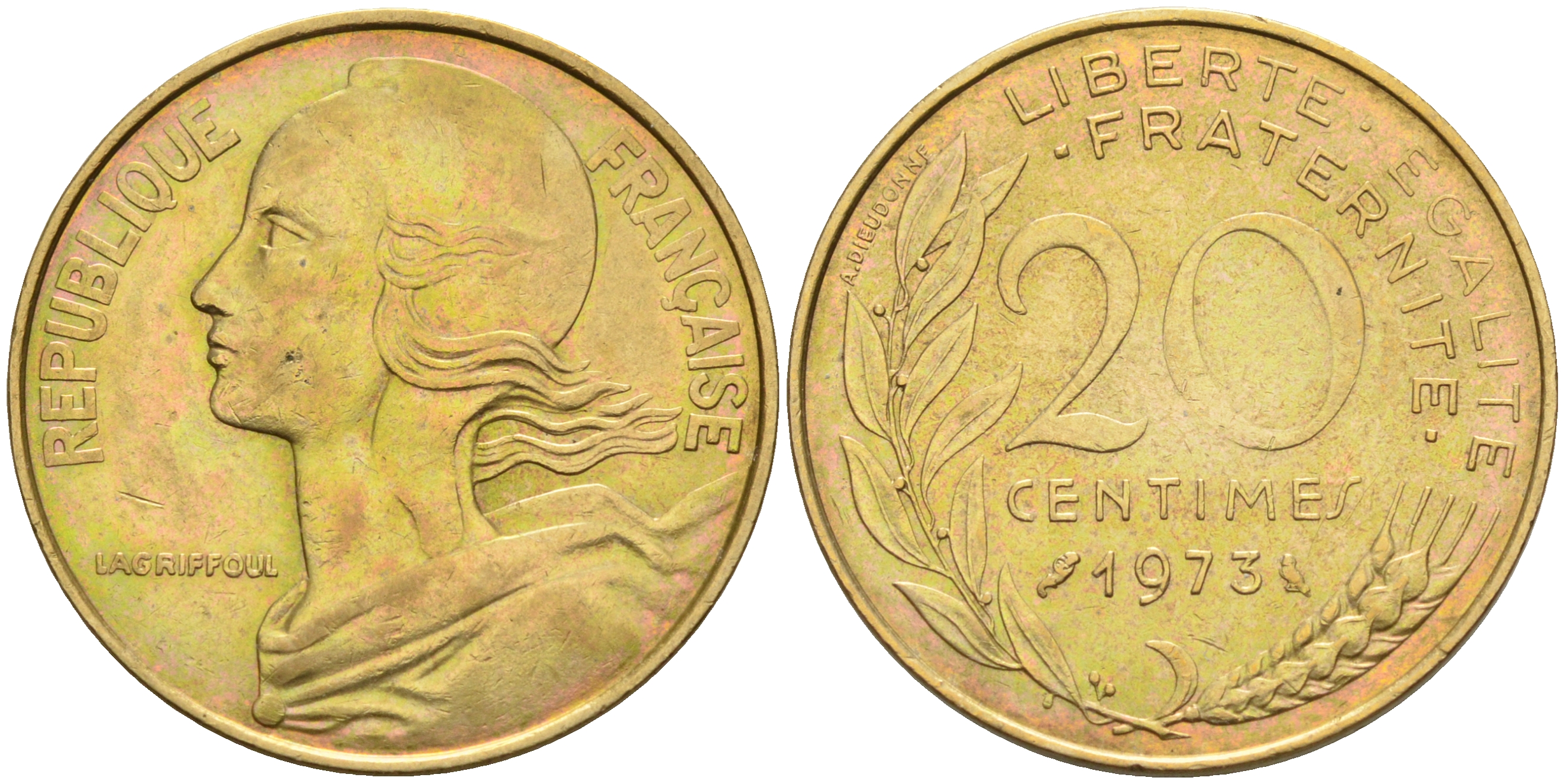 Франция 20 сантимов 1973 тип Марианна KM 930 медь алюминий никель 4116-525