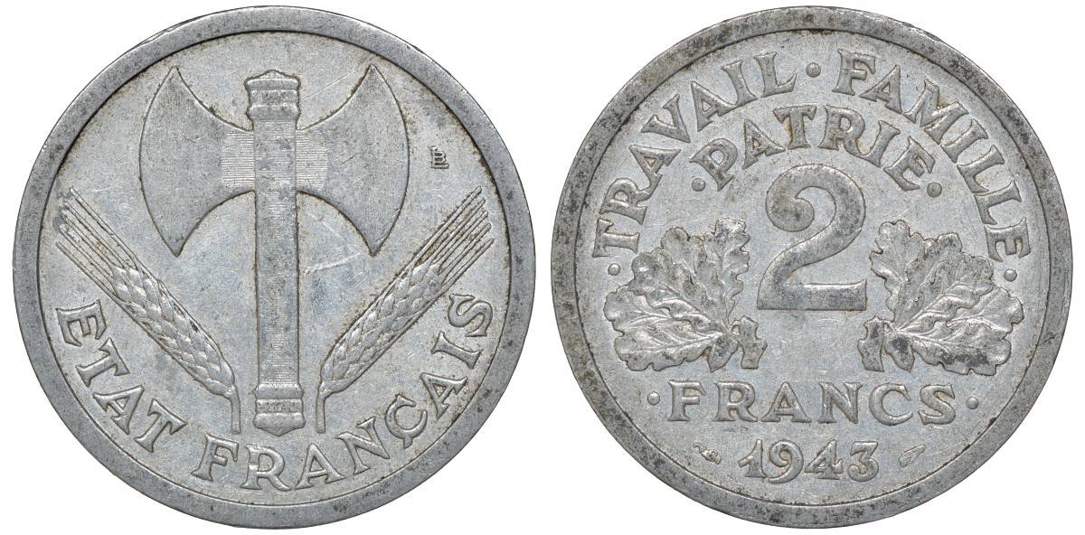 Франция 2 франка 1943 правительство Виши KM 904.1, Le Franc 270.2 алюминий 4163-653