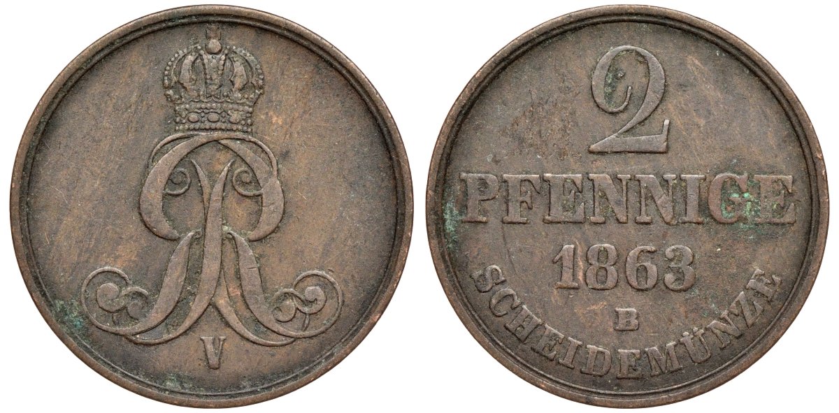 Брауншвейг-Каленберг-Ганновер 2 пфеннига 1863 B, Георг V (1851-1866) KM 234,aKS 153, J. 91 медь 4142-351