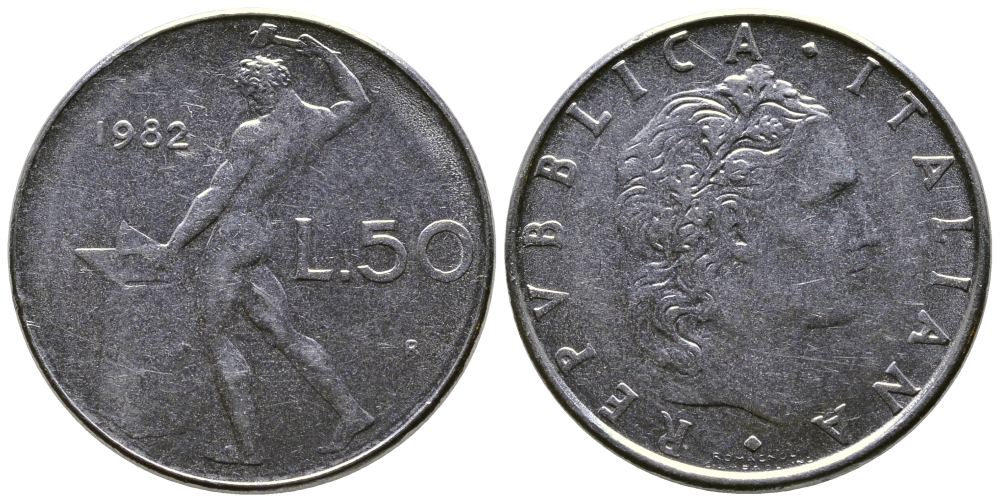 ИТАЛИЯ 50 ЛИР 1982 R. КУЗНЕЦ KM 95.1 сталь 47-143
