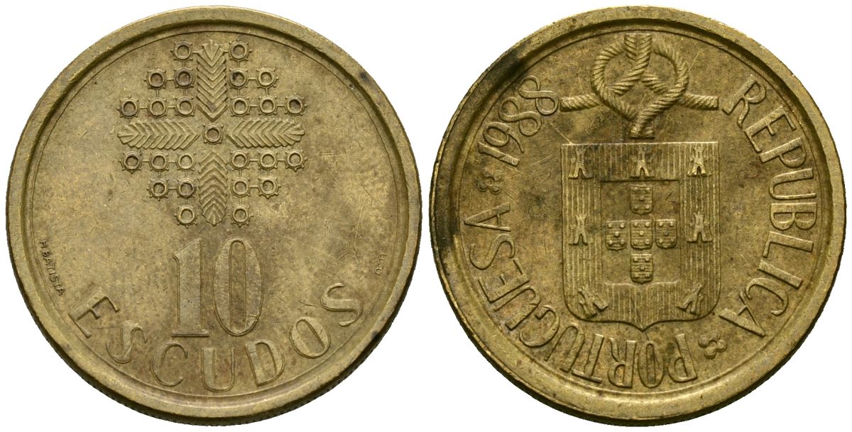 Португалия 10 эскудо 1988 KM 633 никелевая латунь 4176-1236