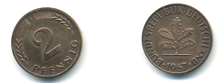 ФРГ 2 ПФЕННИГА 1967 J KM106, J.381 бронза 83-132