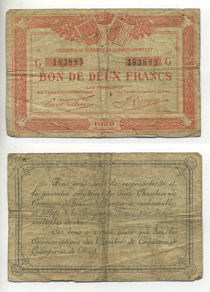ФРАНЦИЯ 10 ФРАНКОВ 1922 РЕГИОНАЛЬНЫЙ БОН ГОРОДОВ КЕМПЕР И БРЕСТ бумага 7552-29-3