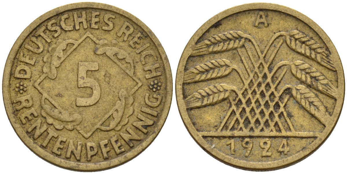 Германия 5 рентенпфеннигов 1924 A KM 32, J. 308 алюминиевая бронза 4151-651