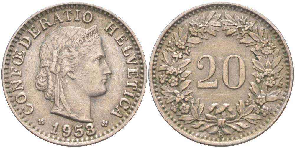 ШВЕЙЦАРИЯ 20 РАППЕНОВ 1953 В KM 29a медно-никель 55-726
