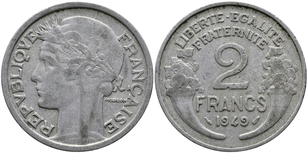 ФРАНЦИЯ 2 ФРАНКА 1949 KM 886а.1 алюминий 98-655