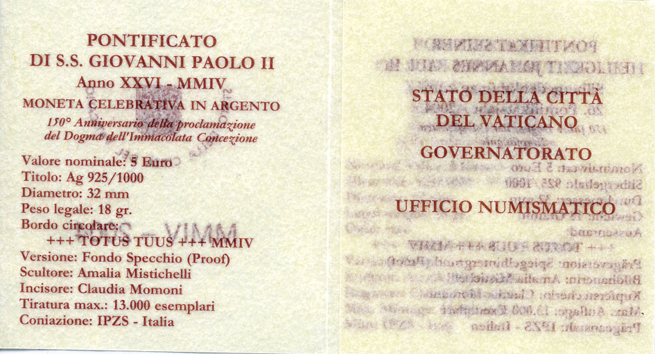 Ватикан 5 евро 2004 Иоанн Павел II, 150 лет провозглашения догмата о непорочном зачатии, в оригинальной коробке, с сертификатом KM 359 серебро  PROOF  7-1-47