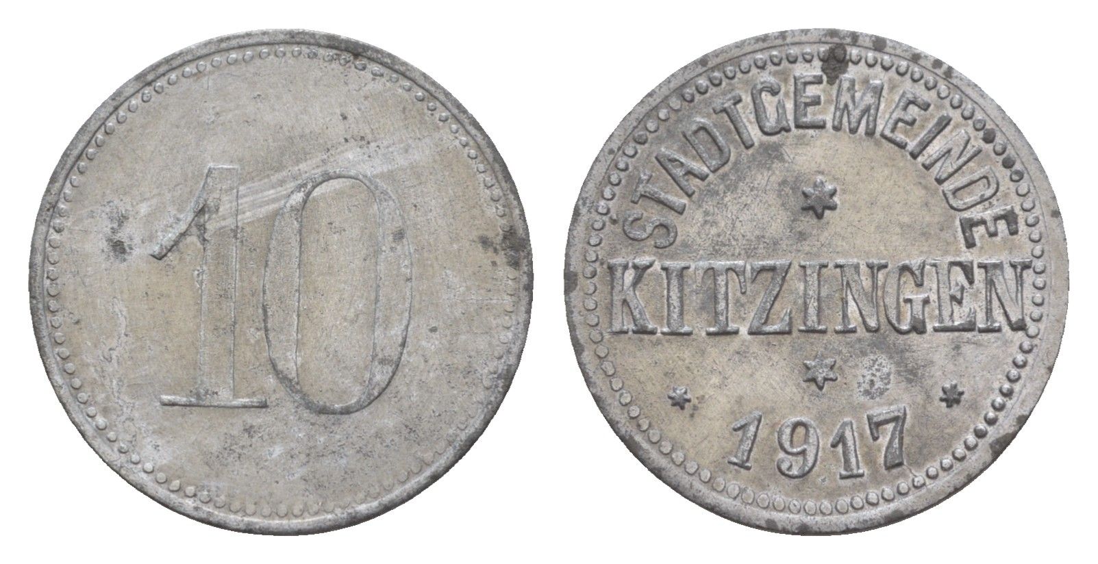 Китцинген 10 пфеннигов 1917 Funck 248.2, Men18 16548.2 цинк 4636-1143