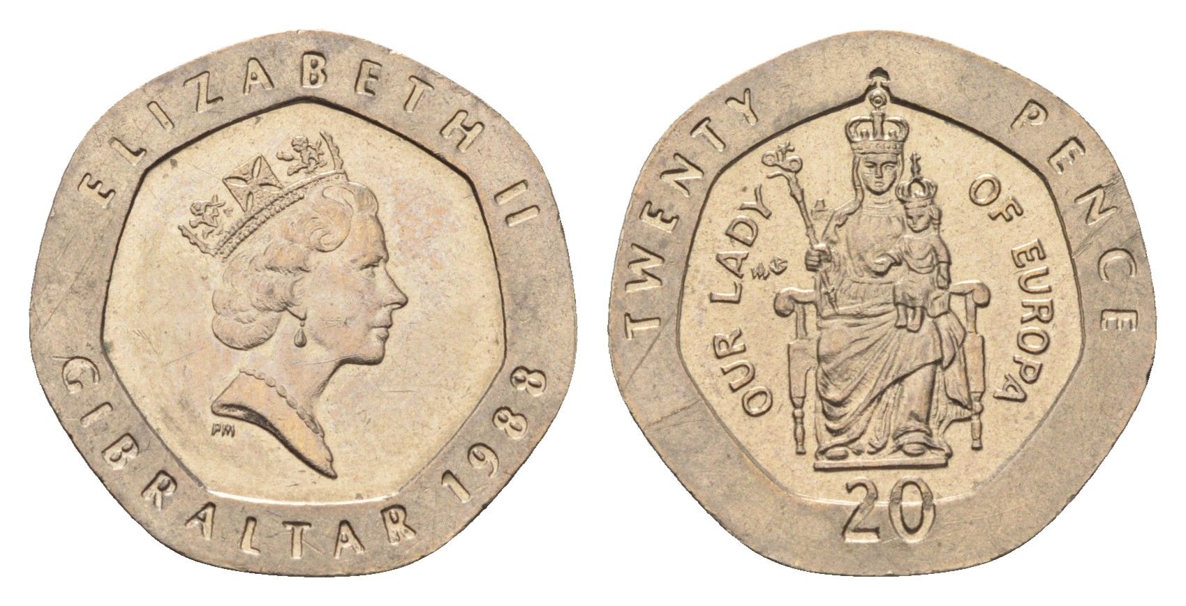 Гибралтар 20 пенсов 1988 KM 16 медно-никель UNC 4668-523