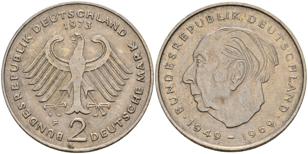 ФРГ 2 марки 1973 F, Конрад Аденауэр KM 124, J. 406 медно-никель 4159-1224