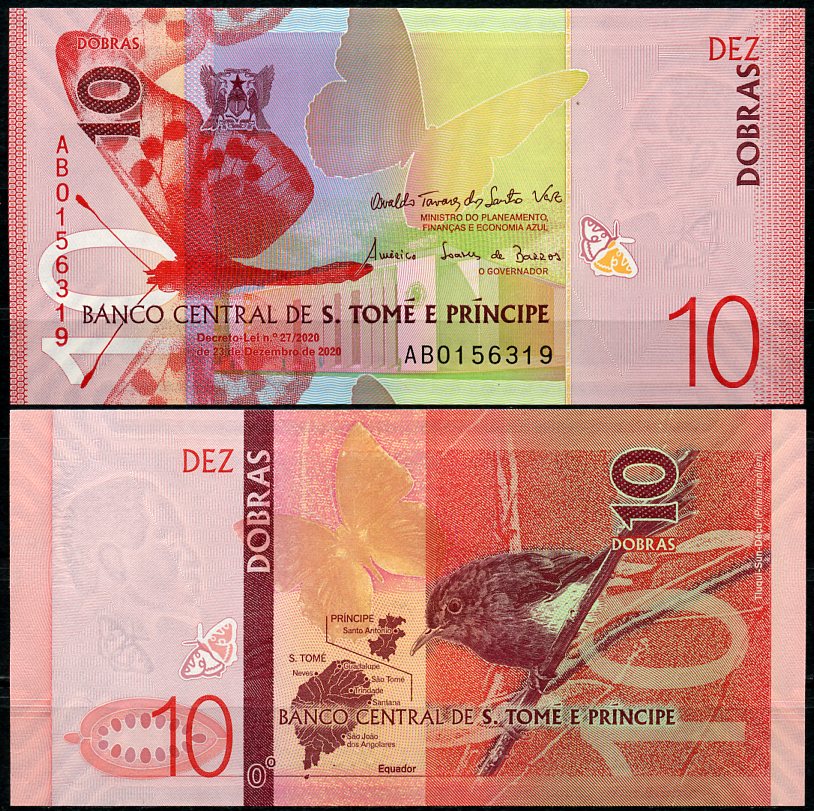 Сан-Томе и Принсипи 10 добра 2020 бабочка, карта, птица Pick 77 a  бумага  UNC (пресс) 448-117-2