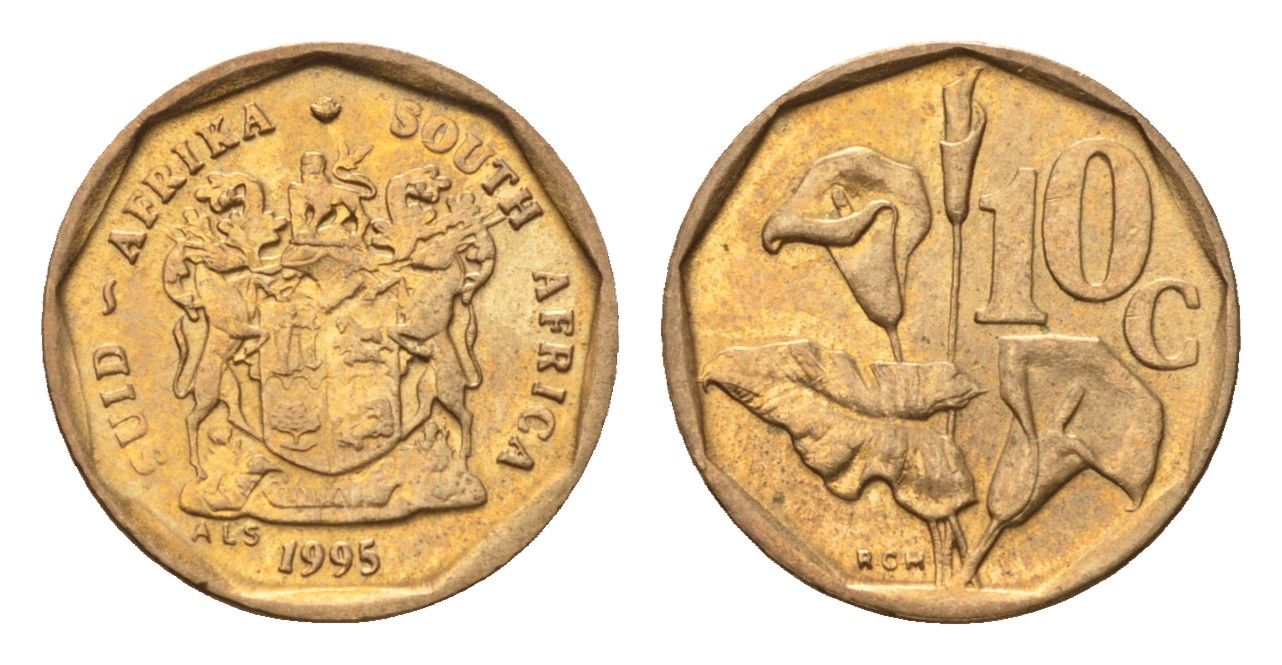 ЮАР 10 центов 1995 герб, цветок алоэ KM 135 сталь плакированная бронзой UNC 4694-716
