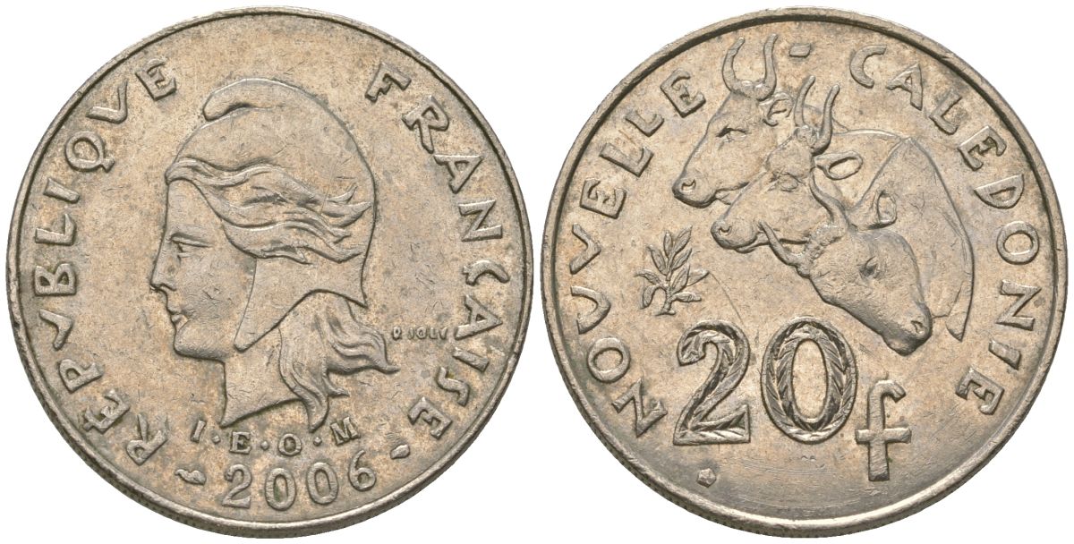 Французская Новая Каледония 20 франков 2006 три быка, (IEOM) KM 12a, Schoen 14a, Lec 115j медно-никель 81-1026