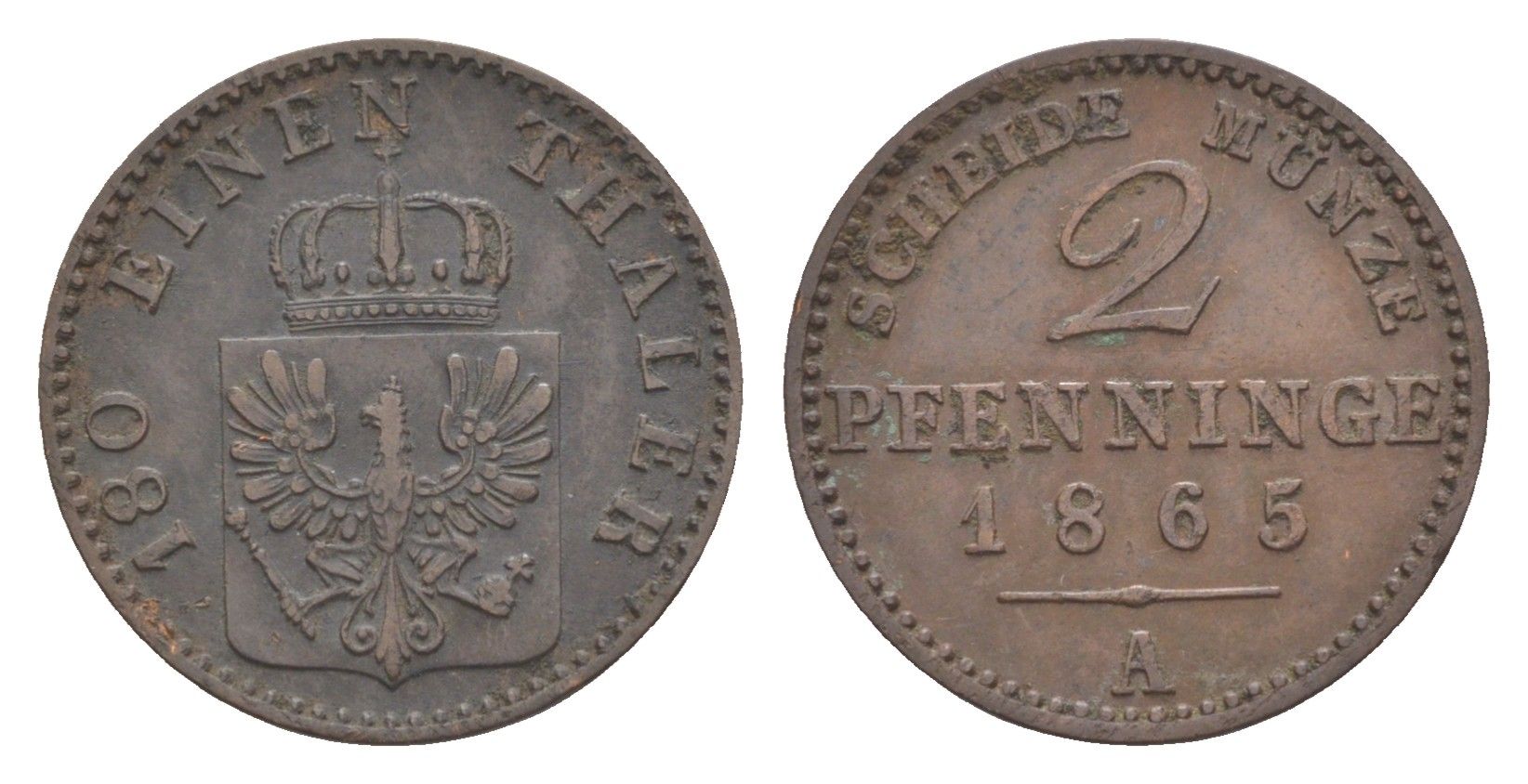 Пруссия 2 пфеннига 1865 A, Вильгельм I (1861-1888) KM 481, Jaeger 51, AKS 107, Olding 425 медь 4651-317