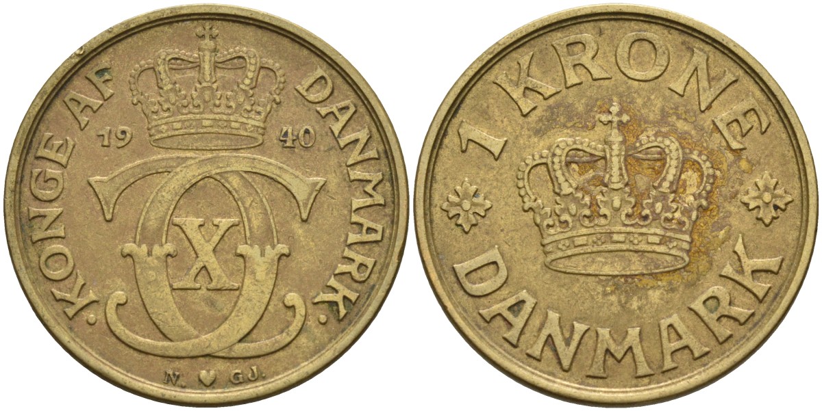 Дания 1 крона 1940 HCN; GJ, Кристиан X (1912-1947) KM 824.2 алюминиевая бронза 4587-1116