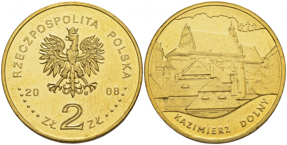 Польша 2 злотых 2008 серия города Польши, Казимеж-Дольны KM 641 латунь UNC M12-20