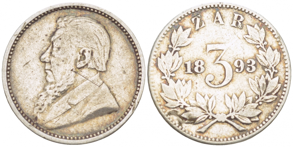 Южно-Африканская Республика - Трансвааль 3 пенса 1893 ZAR, Крюгер KM 3 серебро 1515-1934