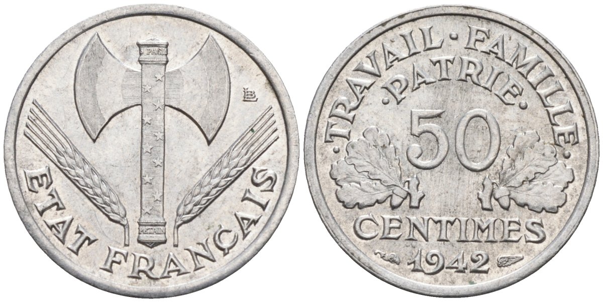 Франция 50 сантимов 1942 правительство Виши, тип Lourde KM 914, Le Franc 195.2 алюминий 4585-239