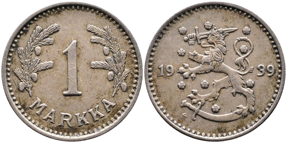 ФИНЛЯНДИЯ 1 МАРКА 1939 S KM 30 медно-никель 4388-954