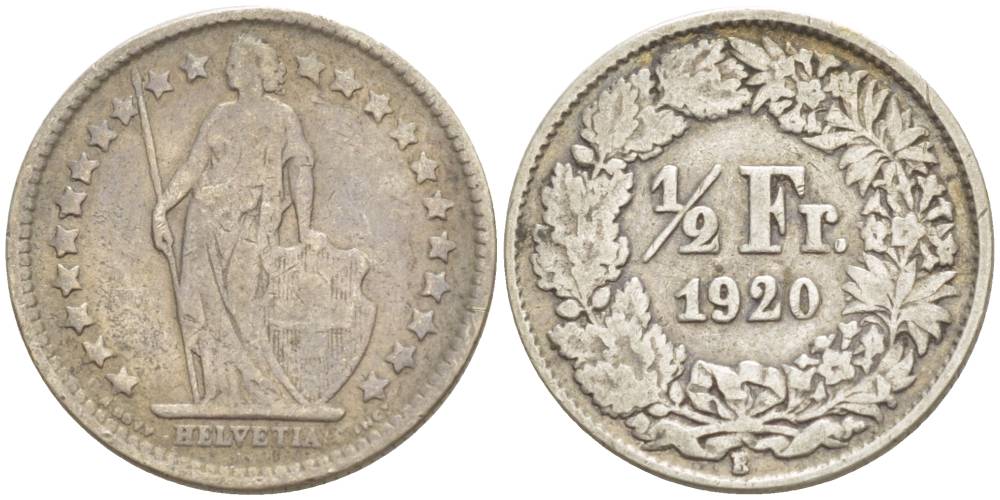 Швейцария 1/2 франка 1920 В KM 23 серебро 4532-1013