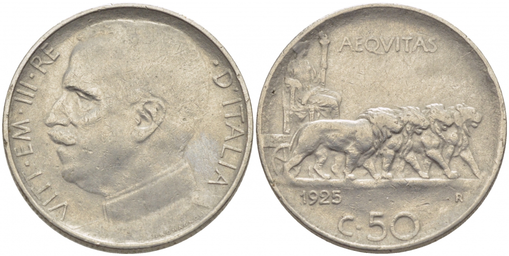 ИТАЛИЯ 50 ЧЕНТЕЗИМО 1925 R, ВИКТОР ЭММАНУИЛ, РУБЧАТЫЙ ГУРТ KM 61.2 никель 4448-245