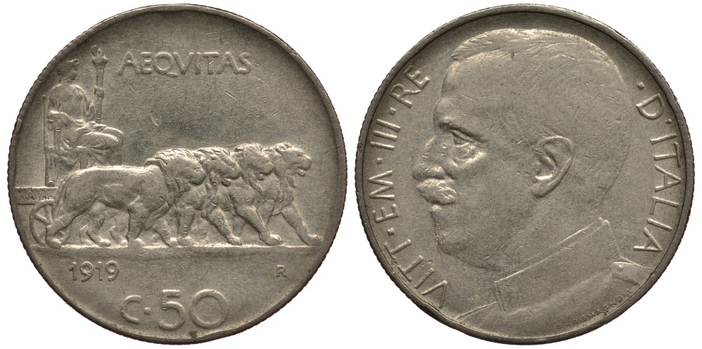 Италия 50 чентезимо 1919 R, Виктор Эммануил III (1900-1946), рубчатый гурт KM 61.2 никель 3896-921