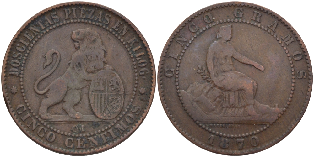 Испания 5 сентимо 1870 ОМ, лев со щитом KM 662 (Y53) медь 28-542