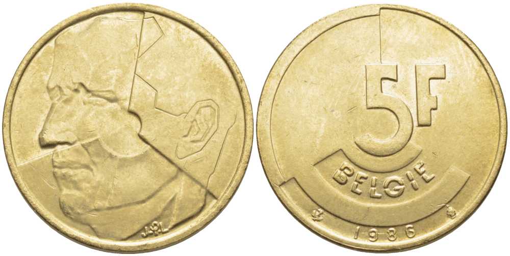 БЕЛЬГИЯ 5 ФРАНКОВ 1986 BELGIE, БОДУЭН I (1951-1993) KM 164 латунь или алюминиевая бронза 119-846