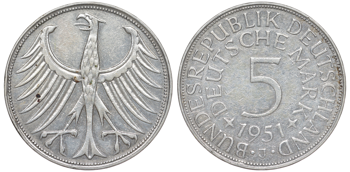 ФРГ 5 марок 1951 J (Гамбург), J. 387, KM 112.1 серебро 4178-841