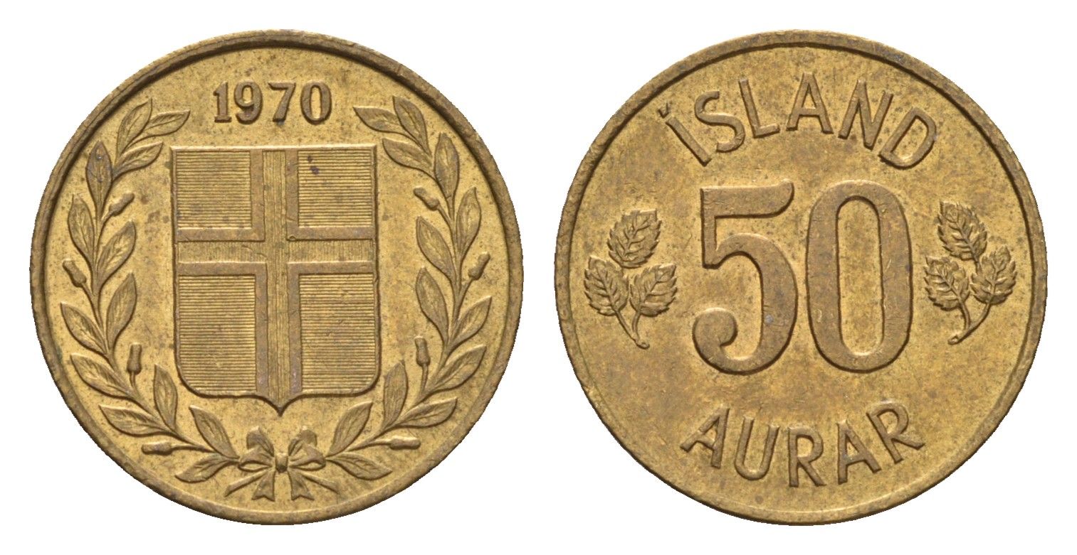 Исландия 50 эйре 1970 KM 17 никель латунь UNC 4690-554