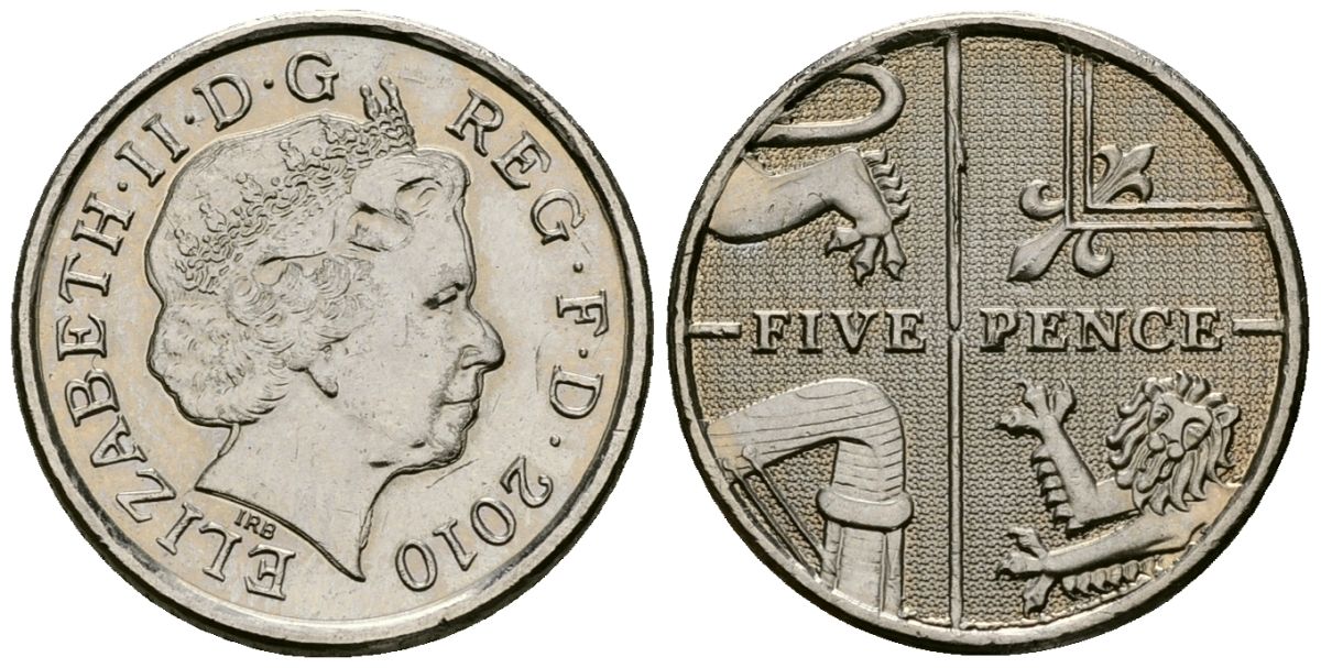 Великобритания 5 пенсов 2010 Елизавета II (1952-2022) KM 1109, Spink 4671 (D6) медно-никель 4173-811