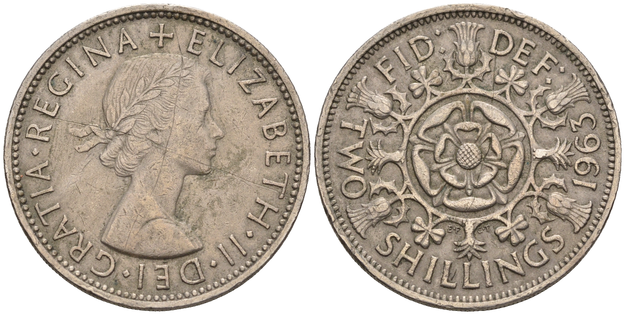 Великобритания 2 шиллинга (флорин) 1963 Елизавета II (1952-2022) KM 906, Spink 4146 медно-никель 109-713