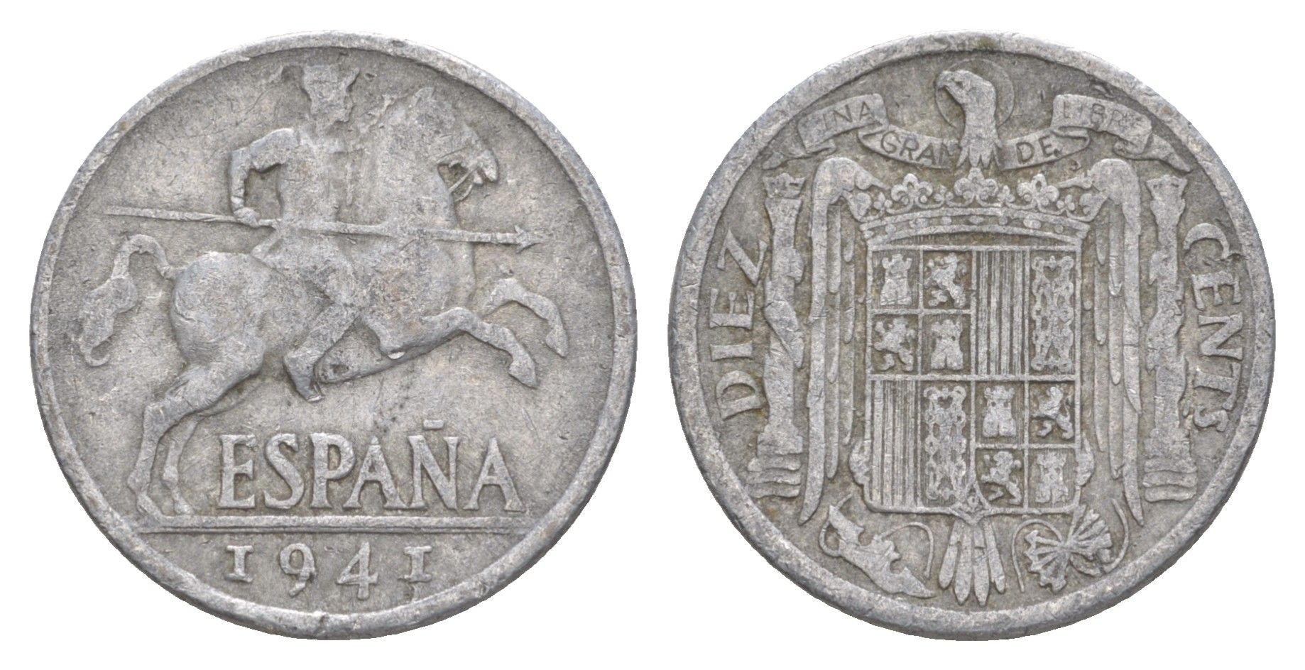 Испания 10 сентимо 1941 рыцарь на коне, Франсиско Франко (1939-1975) KM 766 алюминий 4619-1132