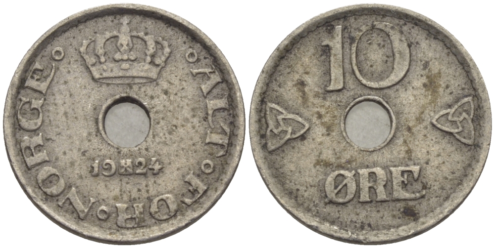 НОРВЕГИЯ 10 ЭРЕ 1924 KM 383 медно-никель 100-115