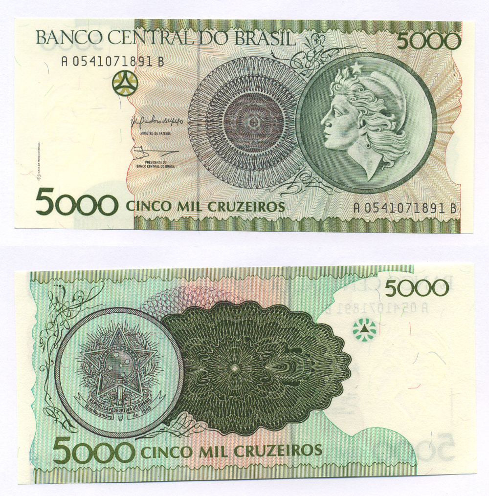 БРАЗИЛИЯ 5000 КРУЗЕЙРО 1990 ПОДПИСЬ 28, ЧРЕЗВЫЧАЙНЫЙ ВЫПУСК 1992 ГОДА, ГОЛОВА СВОБОДЫ Pick 227 бумага UNC (ПРЕСС) 7552-55-4