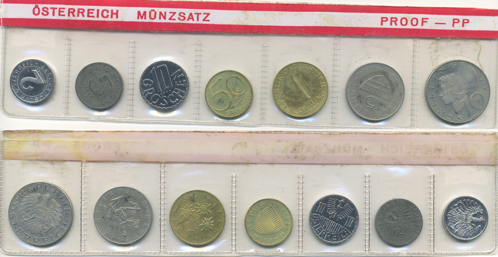 Австрия набор из 7 монет  1977  2, 5, 10, 50 грошей, 1, 5, 10 шиллингов, в целлофане KM PS 37 PROOF 00-00