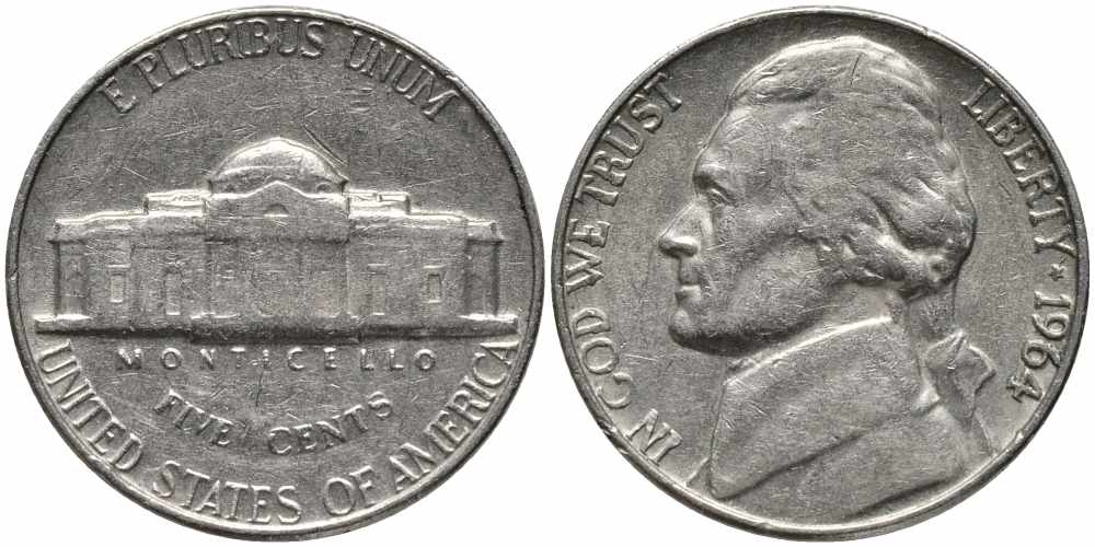 США 5 ЦЕНТОВ 1964 ДЖЕФФЕРСОН KM А132 медно-никель 113-216