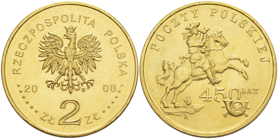 Польша 2 злотых 2008 450 лет польской почтовой службе KM 656 латунь UNC 69-1124