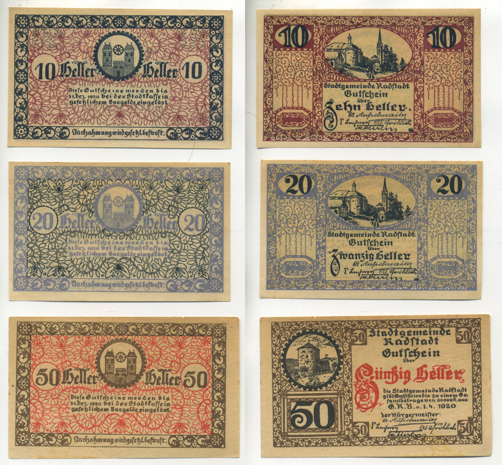 Австрия, Радштадт набор из 3 банкнот 1920 до 31 декабря 1920, нотгельд, 10, 20, 50 геллеров   бумага   7555-14-1-1