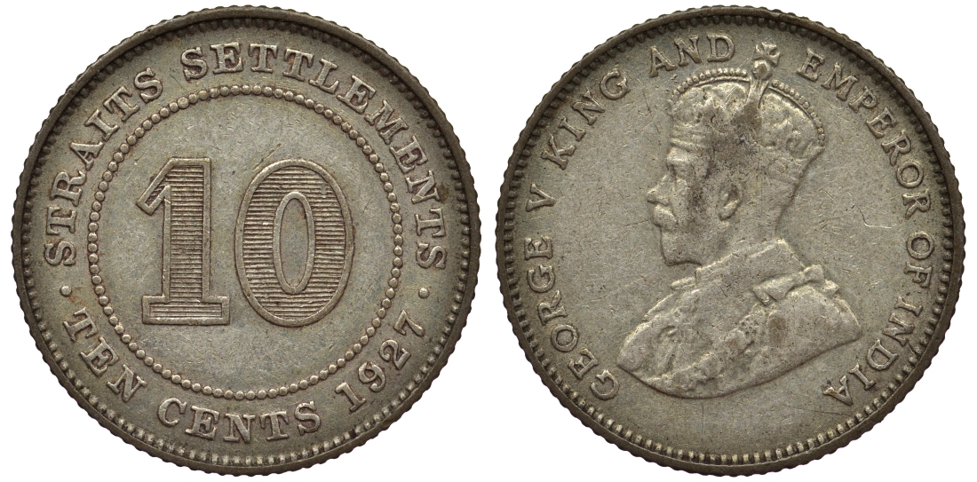 Стрейтс-Сетлментс 10 центов 1927 Георг V (1910-1936) КМ 29b серебро 53-617