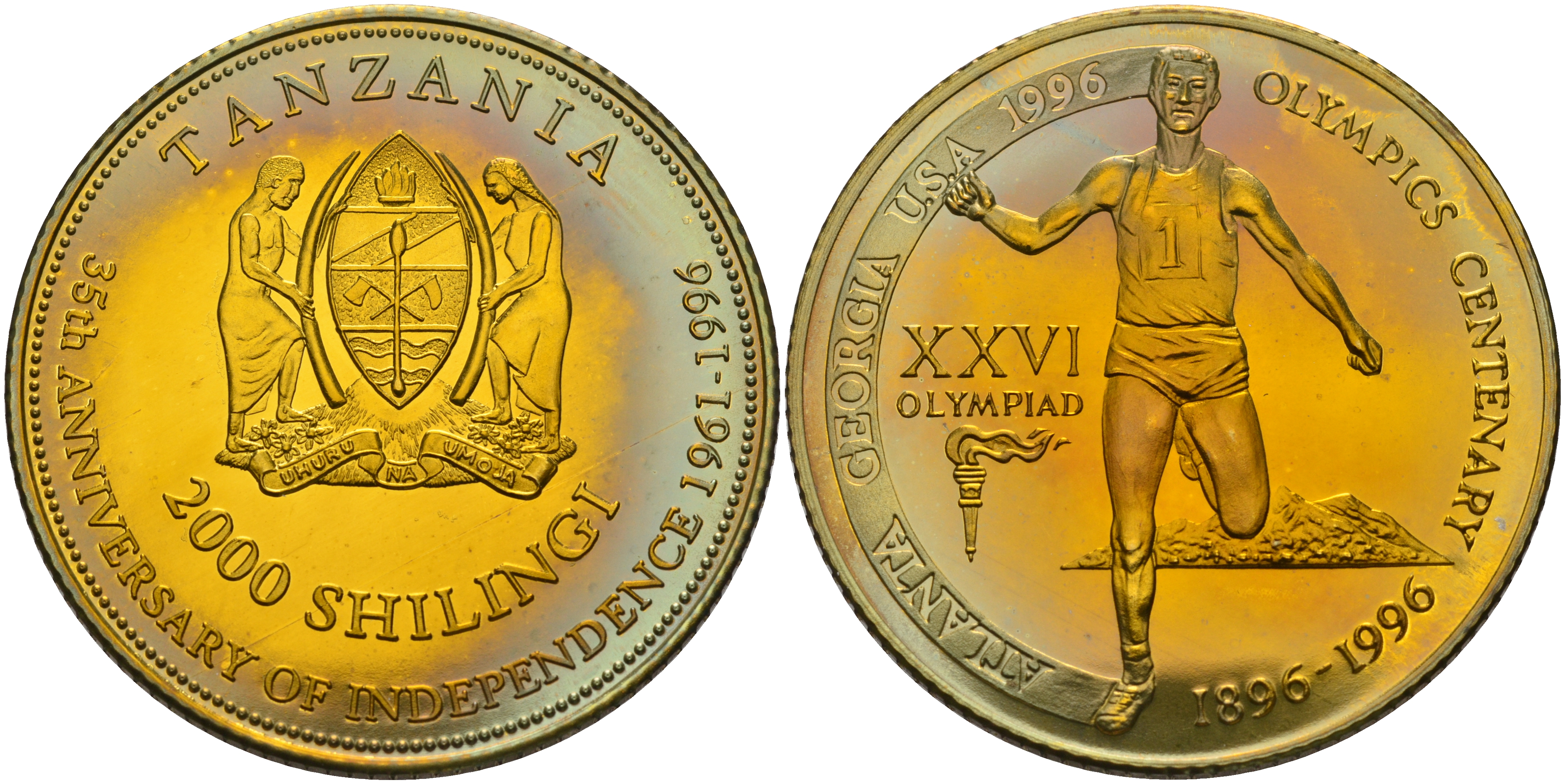 Танзания 2000 шиллингов 1996 XXVI Олимпийские игры 1996 года в Атланте, 100 лет Олимпийскому движению, финиш пробник, рубчатый гурт латунь PROOF 06-156-31