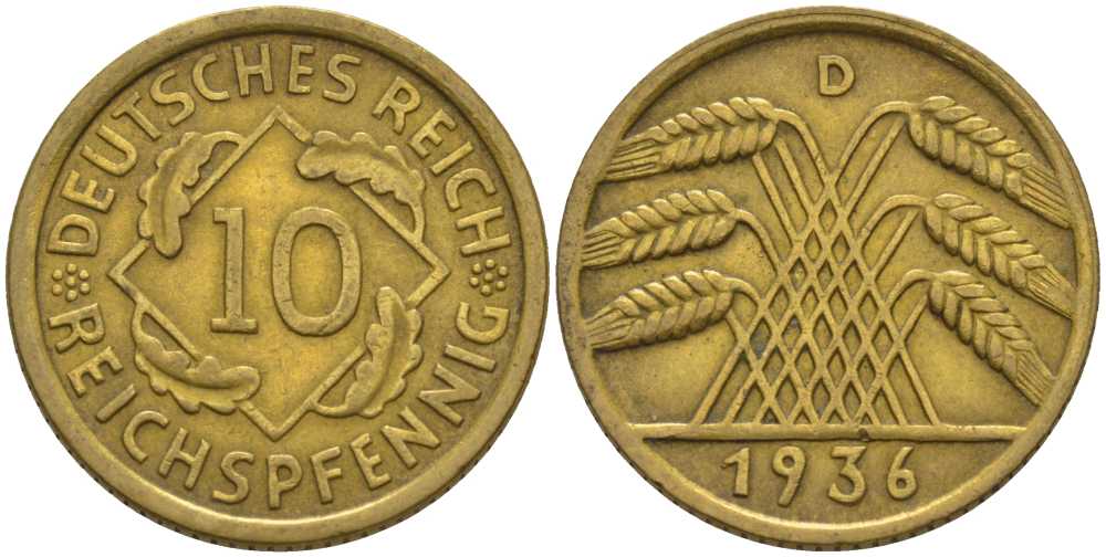 ГЕРМАНИЯ 10 РЕЙХСПФЕННИГОВ 1936 D KM 40, J. 317 алюминиевая бронза 4401-435