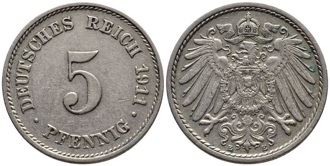 Германия 5 пфеннигов 1911 E KM 11, Jager 12, Weege 6 медно-никель 4547-523