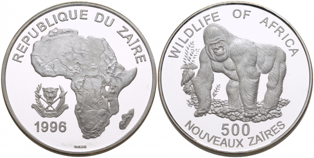 Заир 500 новых заиров 1996 серия защита окружающей среды, горилла, тираж 10000 экземпляров KM 21 серебро  PROOF 1087-2-12